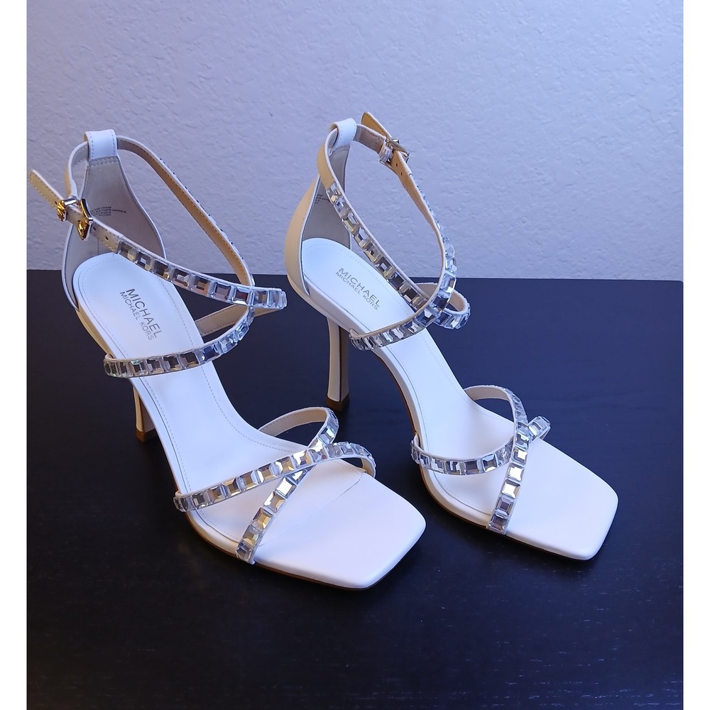 Michael Kors Nadina White Leather Crystal Embellished Square Toe Heels 9.5M